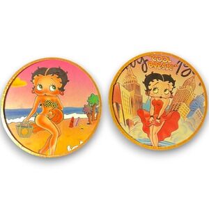 Vintage Retro Betty Boop 3" Mirrored Coasters Copper Rim Set of 2 Pin Up Pose